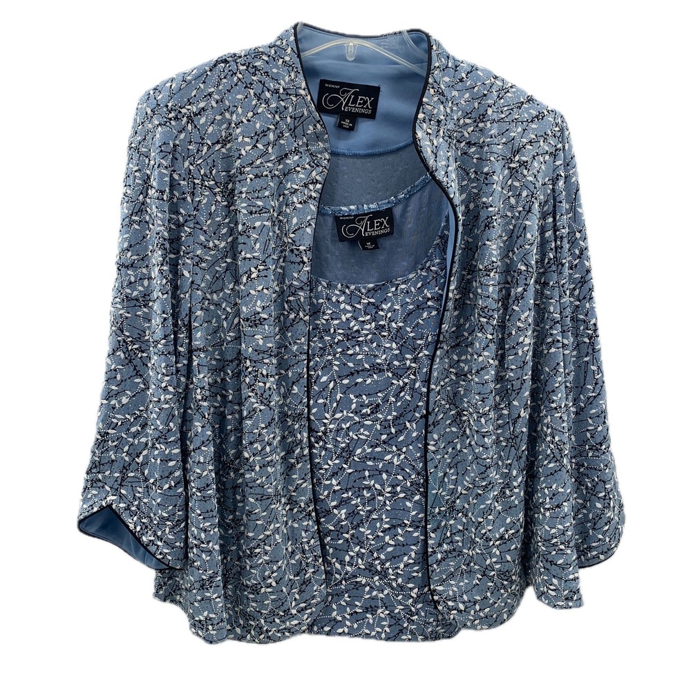 Alex Evenings Woman 2pc Jacket Tank Set 1X Blue Glitter Metallic Branch Floral